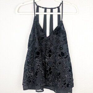 Lucky Brand Black Floral Velvet Embellished Strappy Tank Top Size Small V Neck
